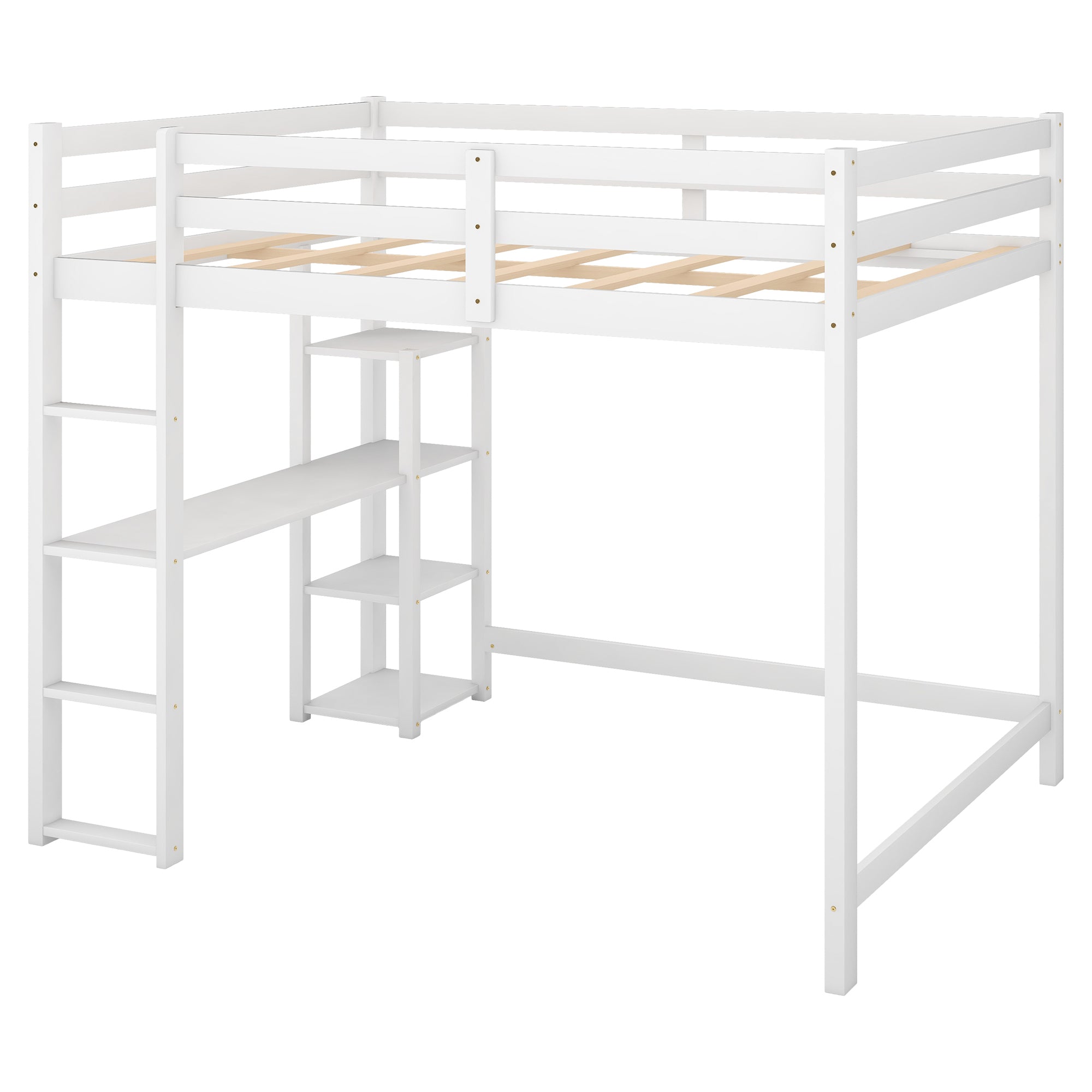 Full Size Loft Bed with Built-in Desk and Shelves