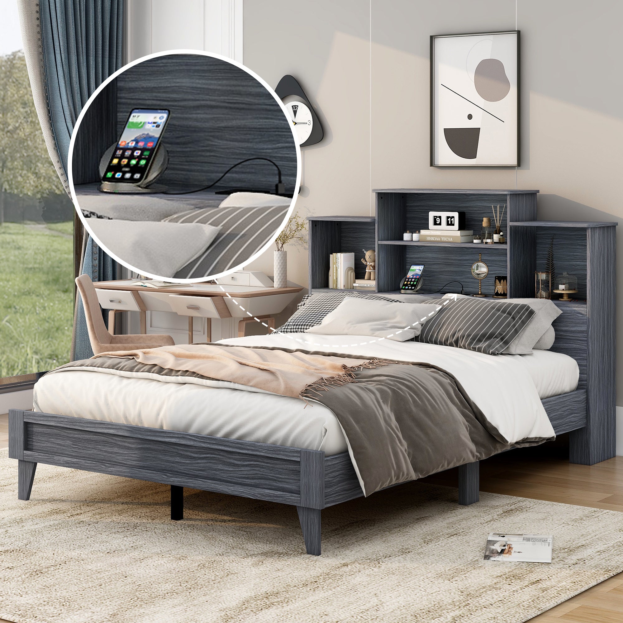 Storage Platform Bed Frame with USB Charging Design