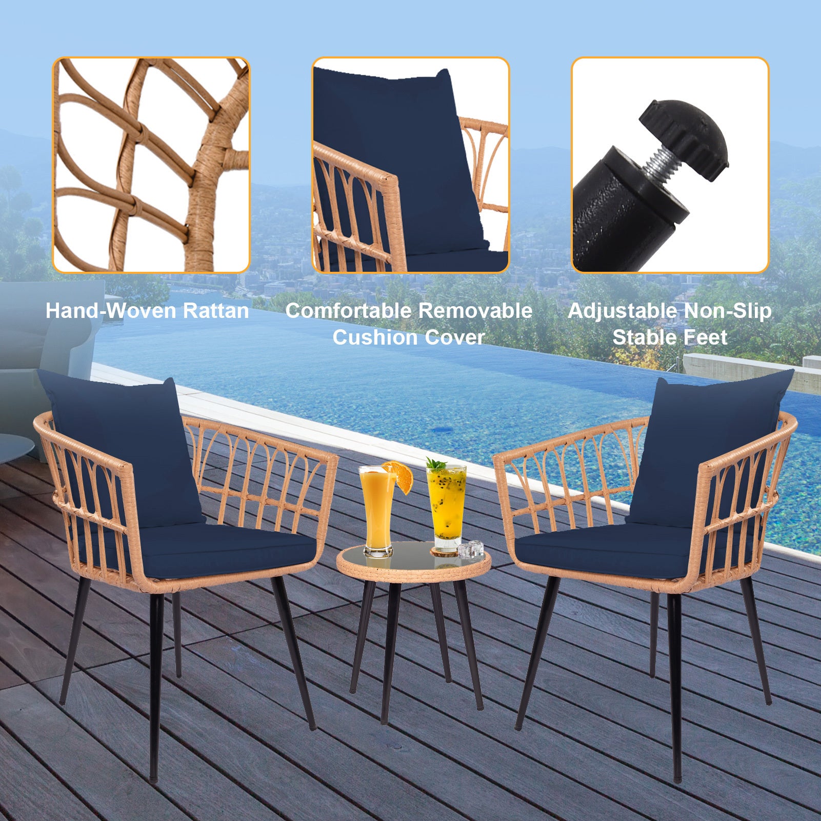 3 Piece Patio Bistro Set with Side Table