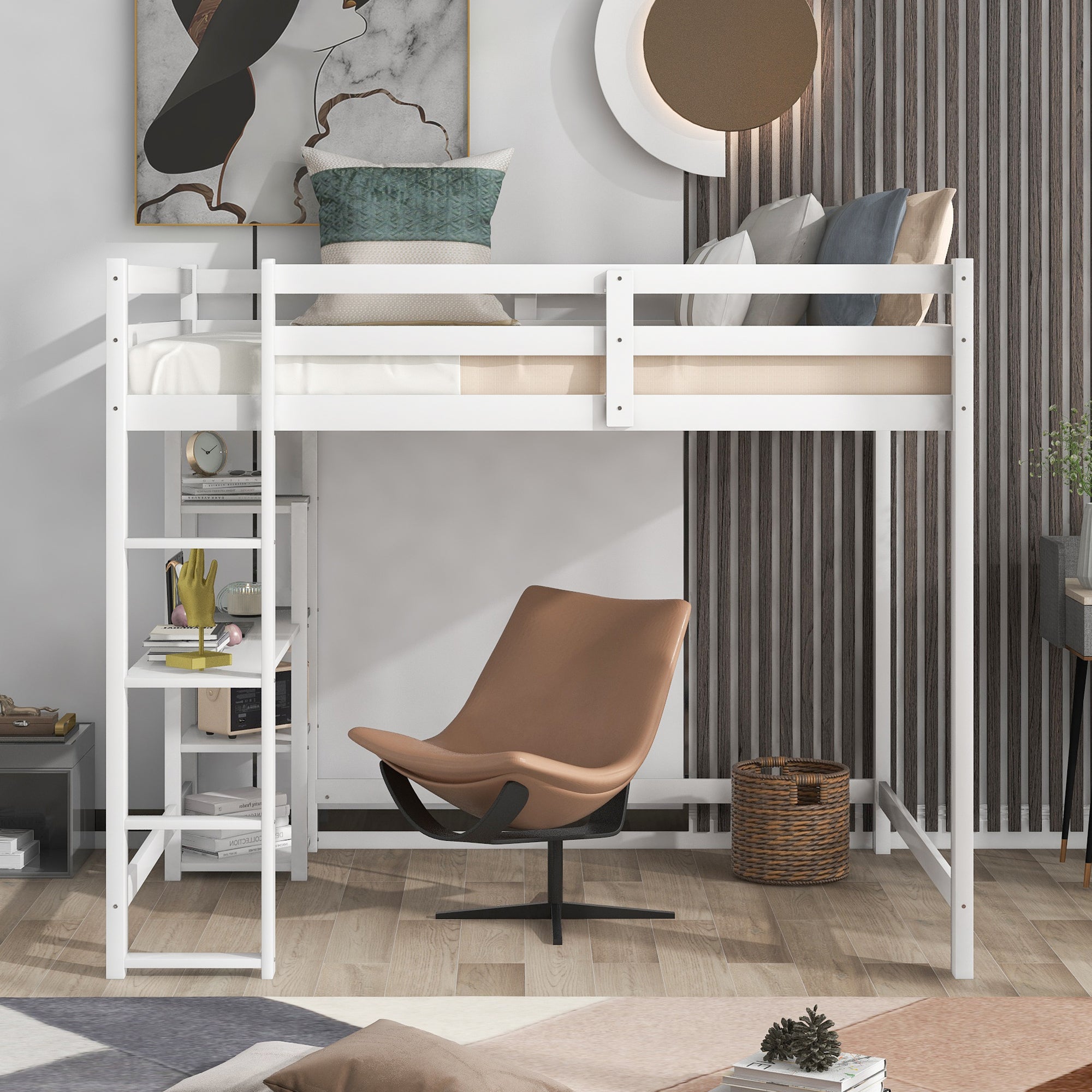 Full Size Loft Bed with Built-in Desk and Shelves