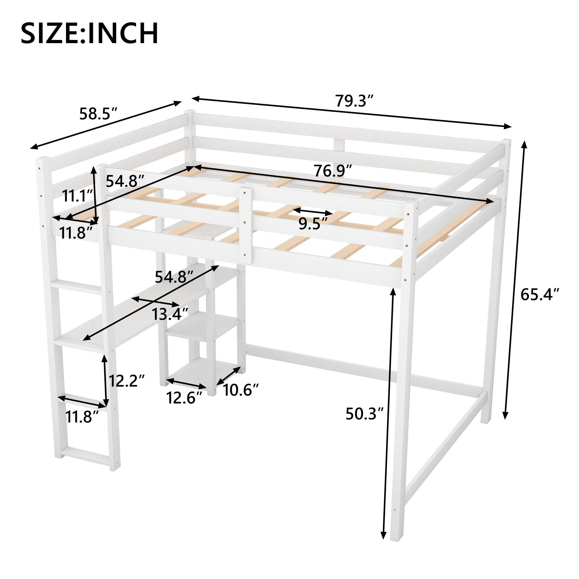 Full Size Loft Bed with Built-in Desk and Shelves