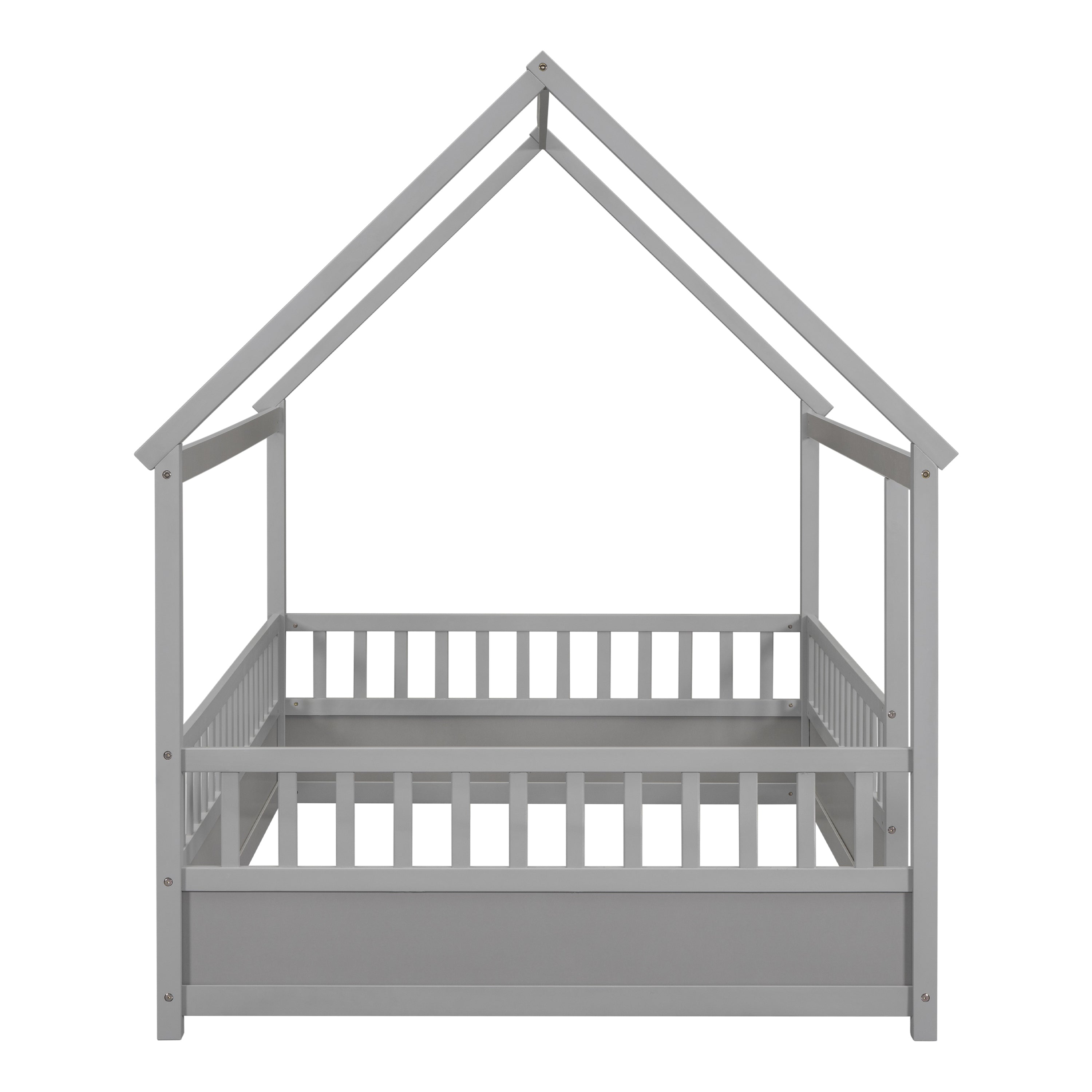 Full-size floor Wooden Bed with House Roof Frame.